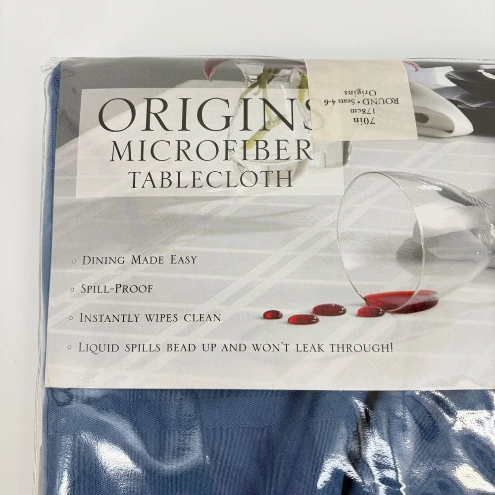 Origins Tablecloth 70in Round‎ Blue Spill Proof Microfiber Tonal Stripe Pattern